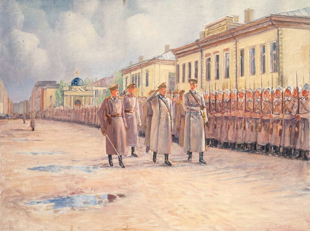 Kuzma Petrov-Vodkin. Inspección del regimiento de Izmáilovo antes de su partida al frente. 1916. ©Museo Estatal Ruso de San Petersburgo