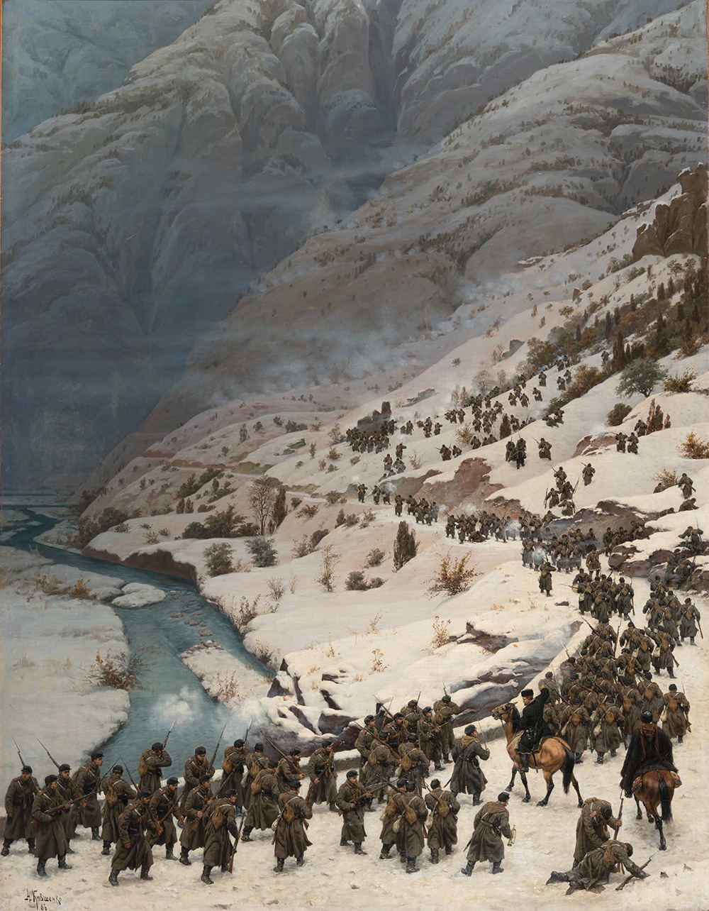 Alekséi Kivshenko. Asalto a las alturas fortificadas de Gorgokhotan el 1 de enero de 1878. 1886. ©Museo Estatal Ruso de San Petersburgo